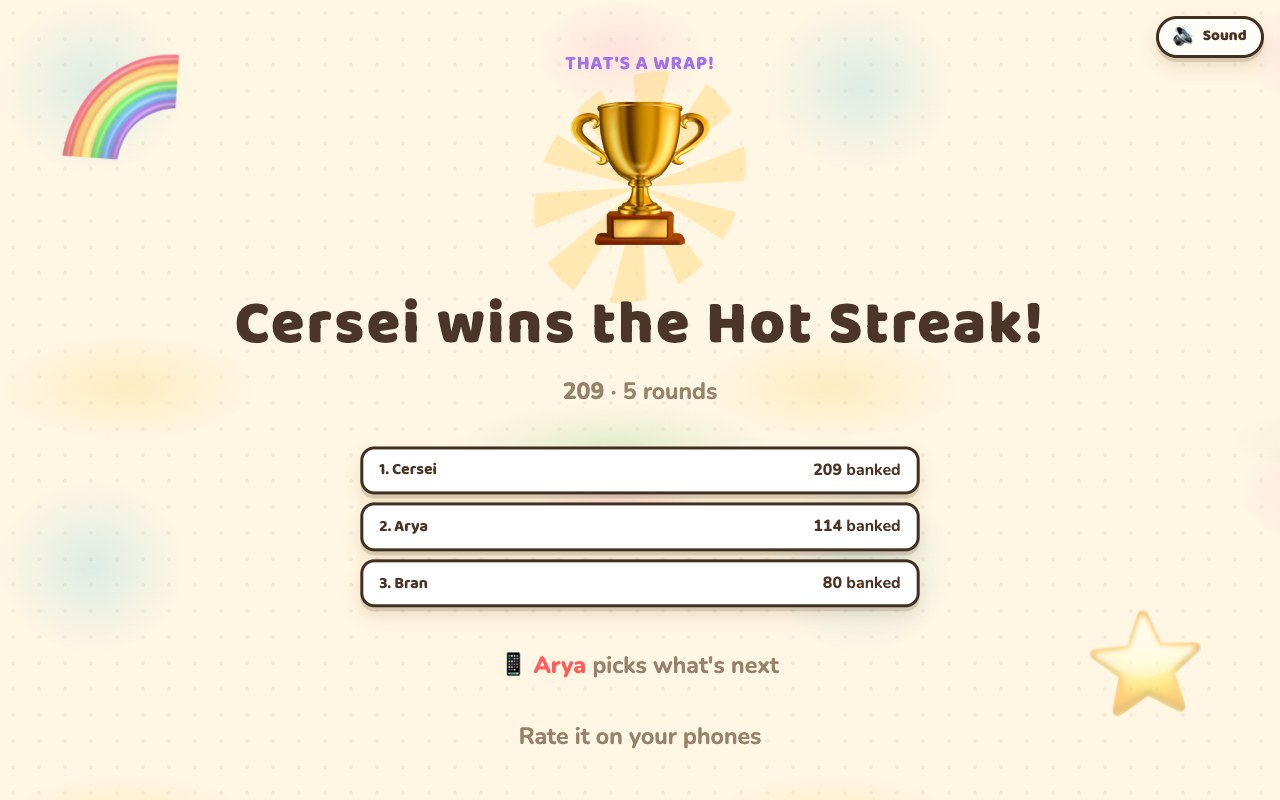 The Hot Streak finished screen: the winner named, and the final banked totals for all three players