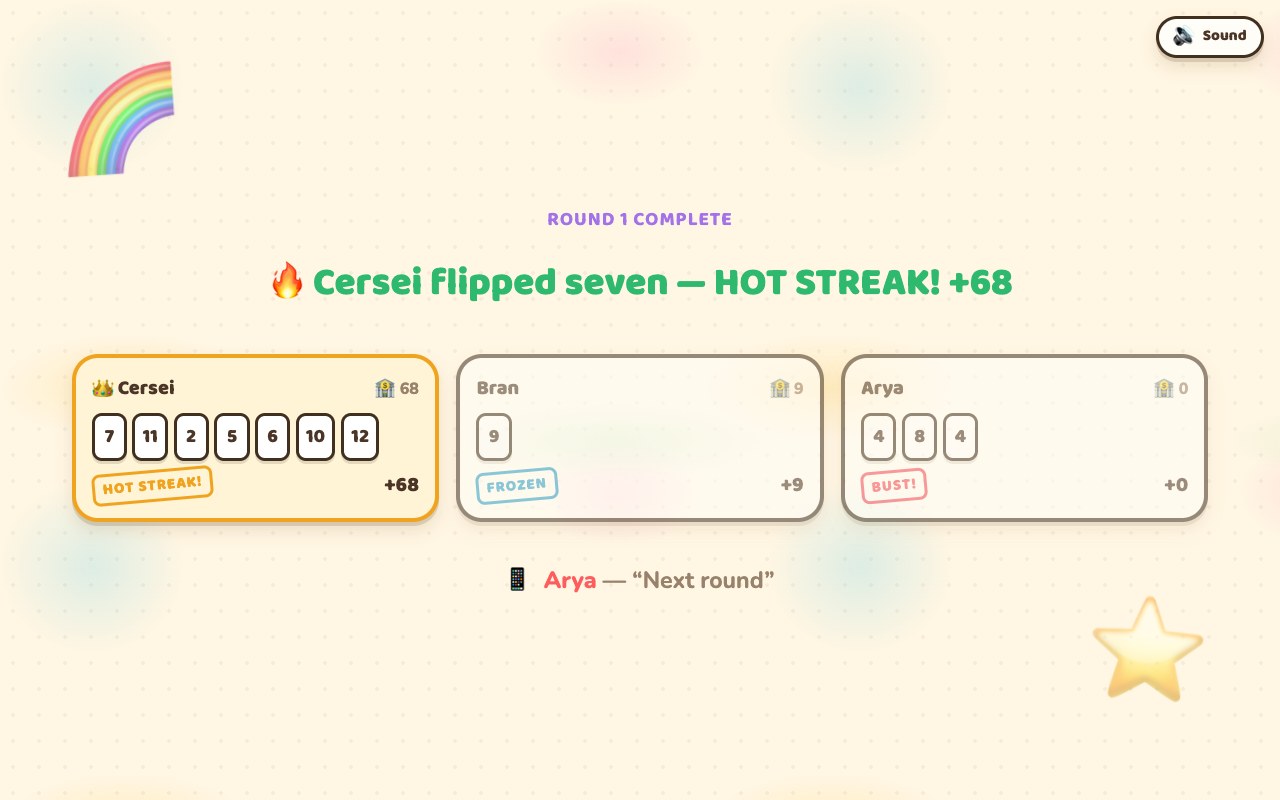 A Hot Streak round-end screen: one player with seven cards and a hot streak badge, one marked frozen, one marked bust with a repeated four