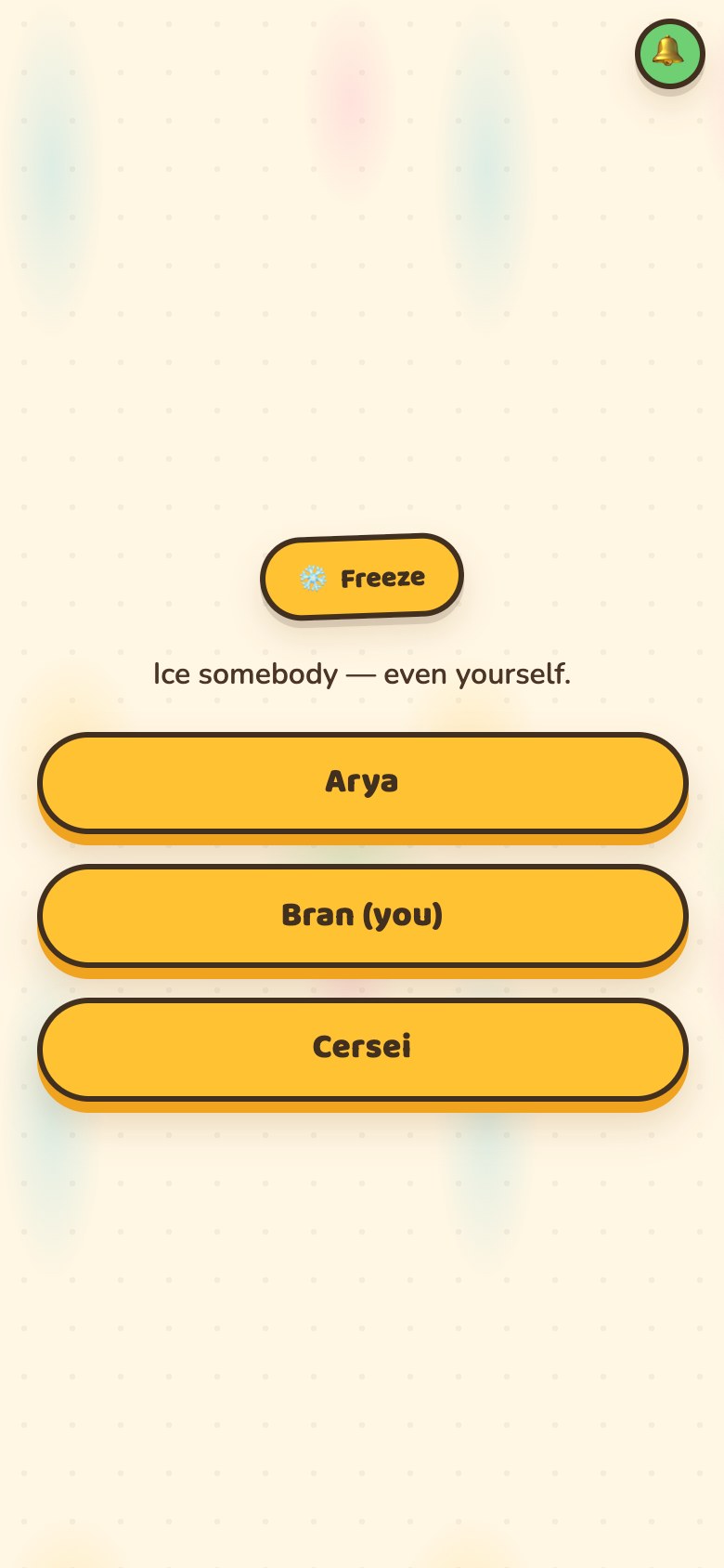 A phone showing a Freeze pill, an explanation, and a button for each player still in the round including the player themselves