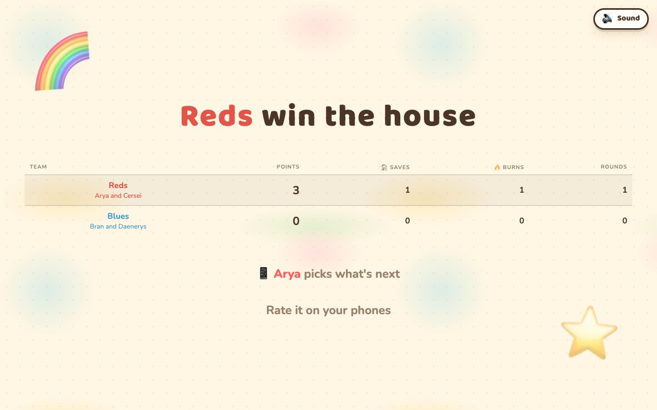 The TV reading 'Reds win the house' above a table giving the Reds 3 points, 1 save, 1 burn and 1 round to the Blues' nil, with a line naming who picks what to play next