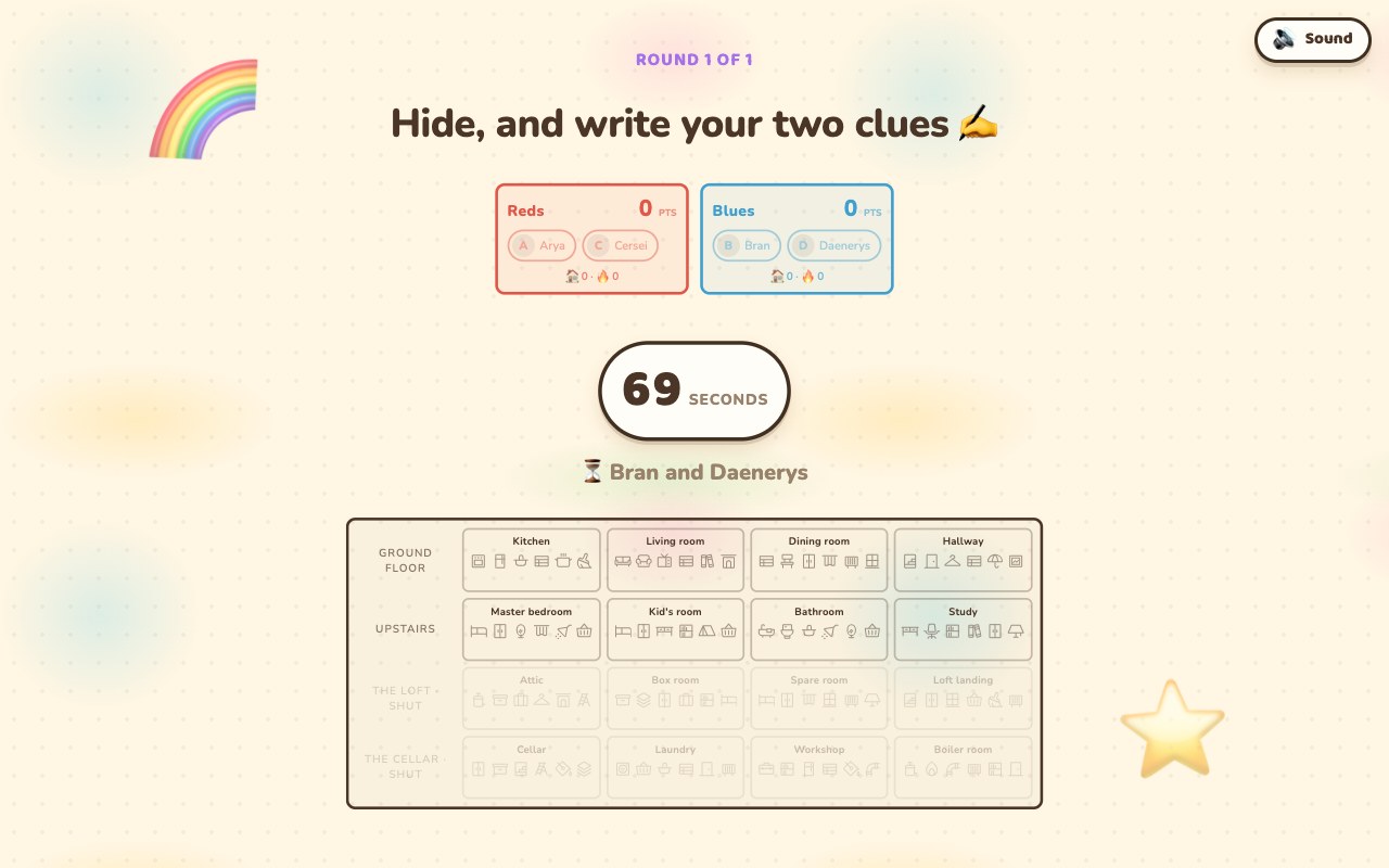 The TV during hiding: 'Hide, and write your two clues', both team panels on nil-nil, a 69-second clock, an hourglass naming Bran and Daenerys as the two still writing, and the cutaway house with the loft and cellar greyed out and marked shut