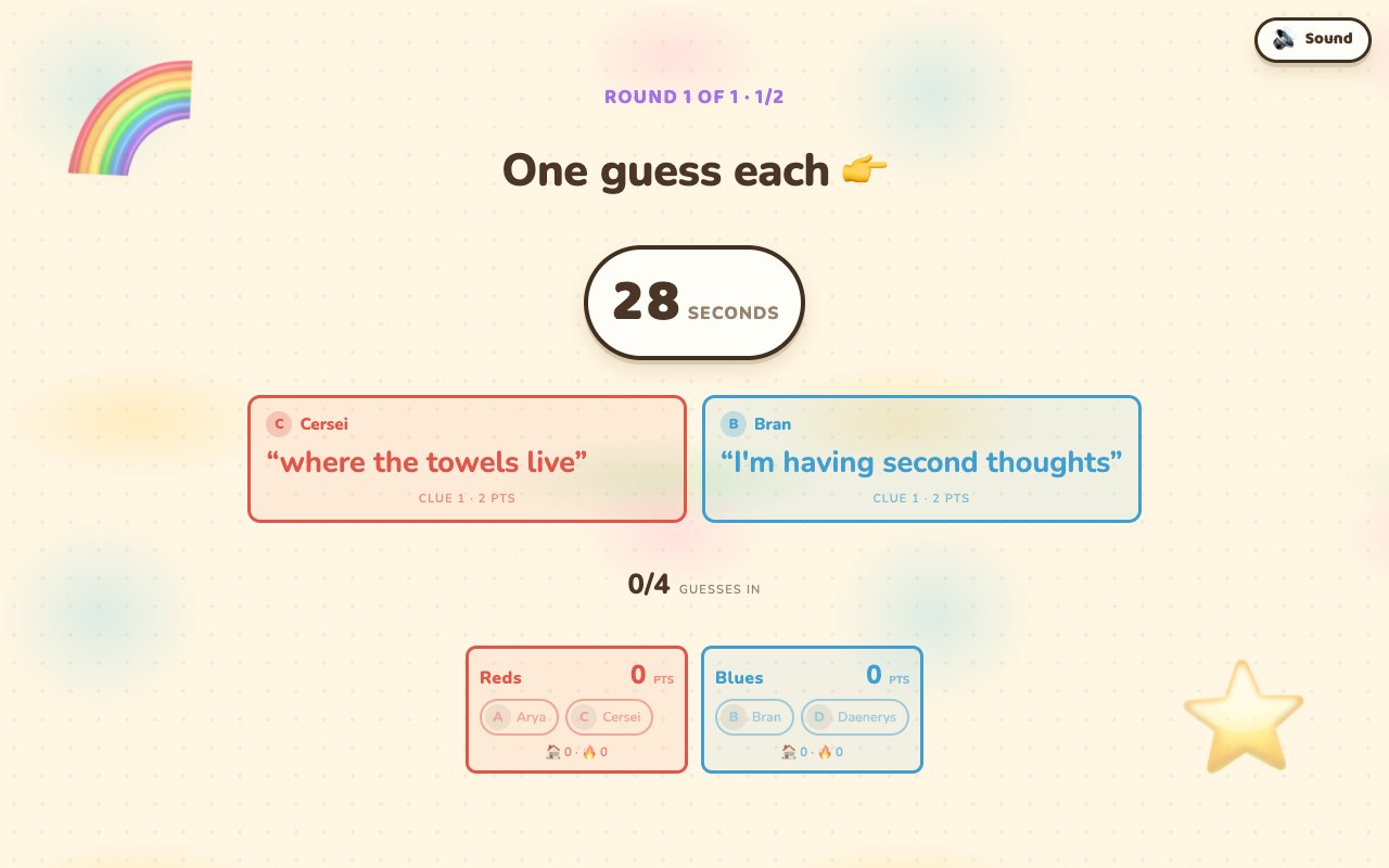 The TV during a spotlight: 'One guess each' above two big clue cards side by side — Cersei's in red reading 'where the towels live' and Bran's in blue reading 'I'm having second thoughts', both marked 'Clue 1 - 2 pts' — a 28-second clock, '0/4 guesses in', and both team score panels on nil-nil