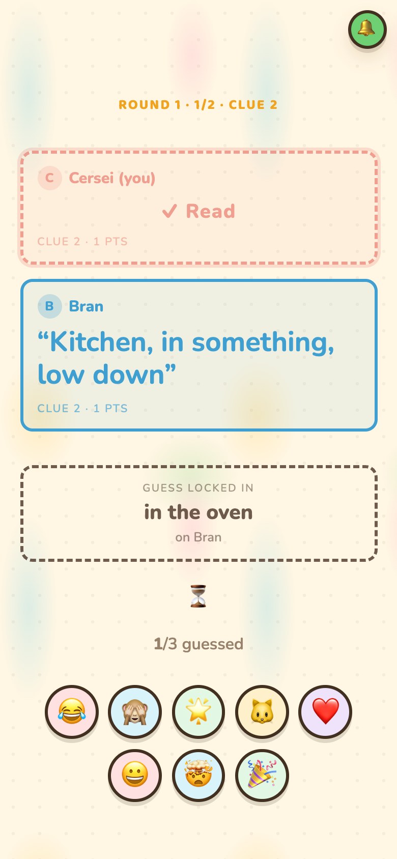 Cersei's phone, her own card greyed and marked 'Read' and '(you)': 'Guess locked in' above the place she guessed and whose spotlight it was aimed at, an hourglass, and the count of guesses in — and no indication of whether it was right