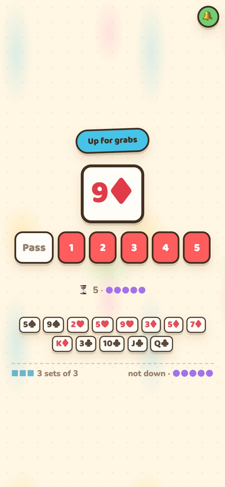 A bidder's phone: the card up for grabs, a row of buttons reading Pass, 1, 2, 3, 4 and 5, the seconds remaining, and the player's own hand below