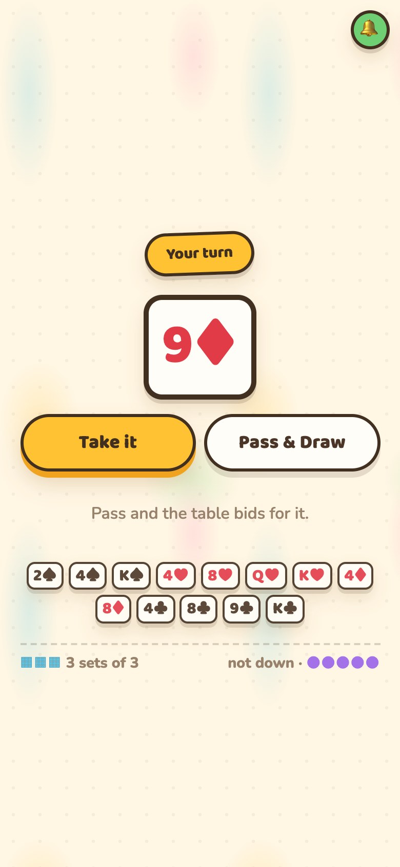 The turn player's phone: the nine of diamonds shown large with a Take it button and a Pass & Draw button beneath it