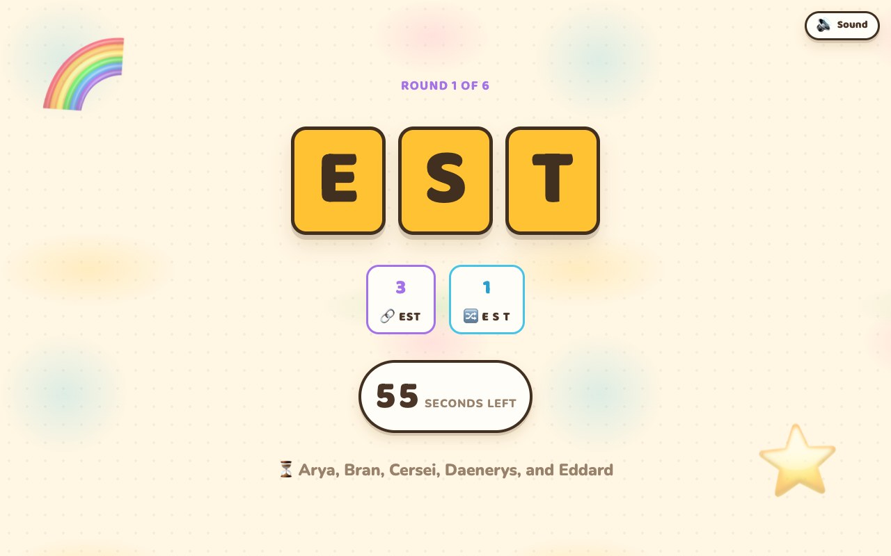 The Letter Rip TV during writing: three large letter tiles, a countdown, and a count of how many words are in