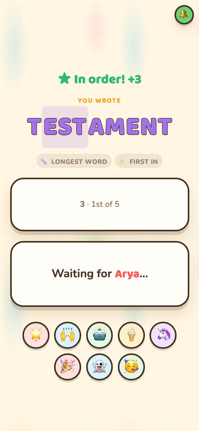 A phone after a reveal: an in-order verdict worth three points, the word with the block highlighted inside it, and the player's place in the standings