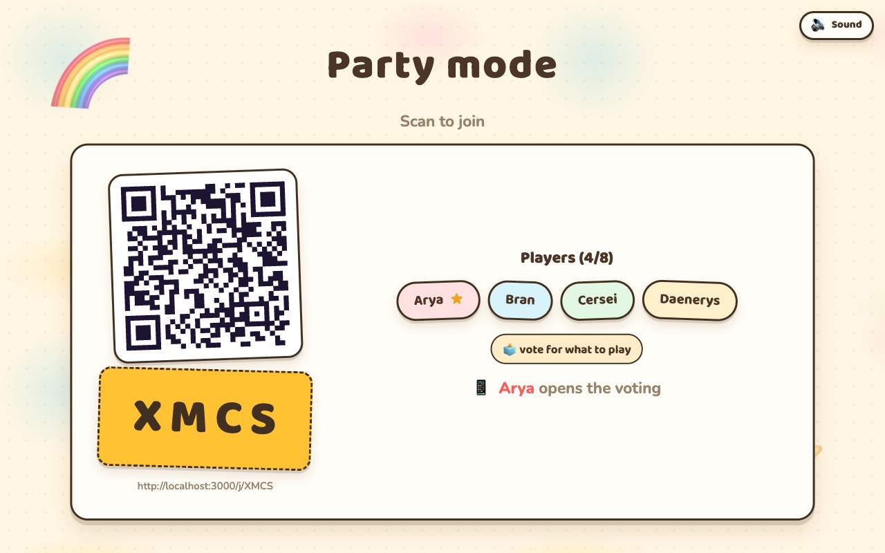 The party mode lobby on a TV: a QR code, the room code, and four joined players each with a coloured chip