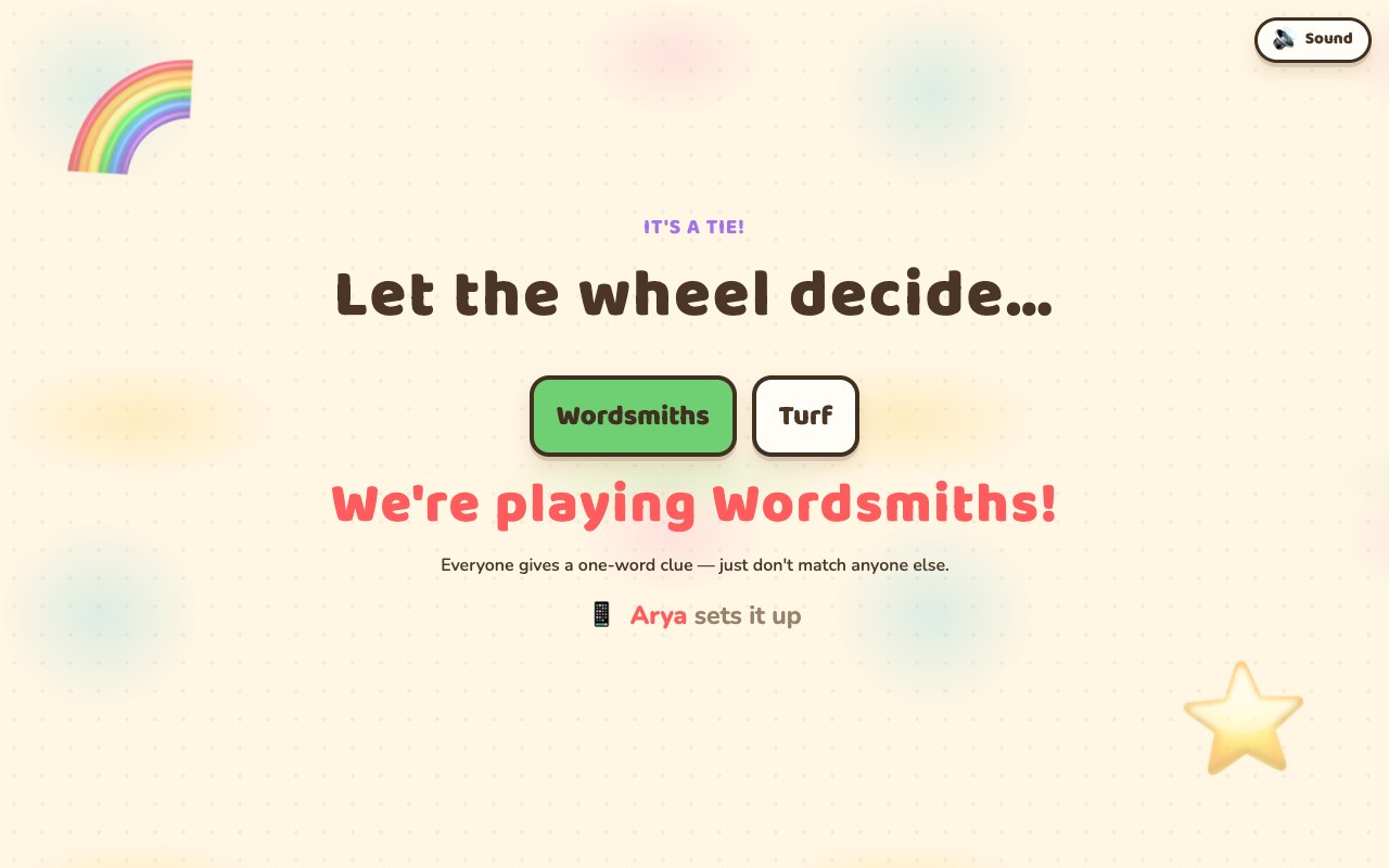 The party reveal screen on a TV: a headline reading it's a tie, let the wheel decide, the two tied games, and the winner announced underneath
