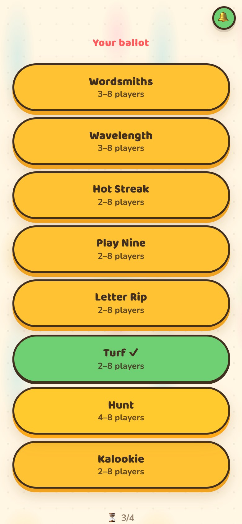 A phone ballot listing the games with player counts, one of them highlighted as this player's pick