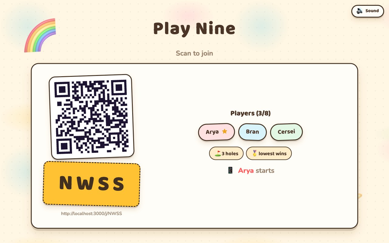 The Play Nine lobby on a TV: a QR code, the room code, three joined players, and the number of holes the game will run