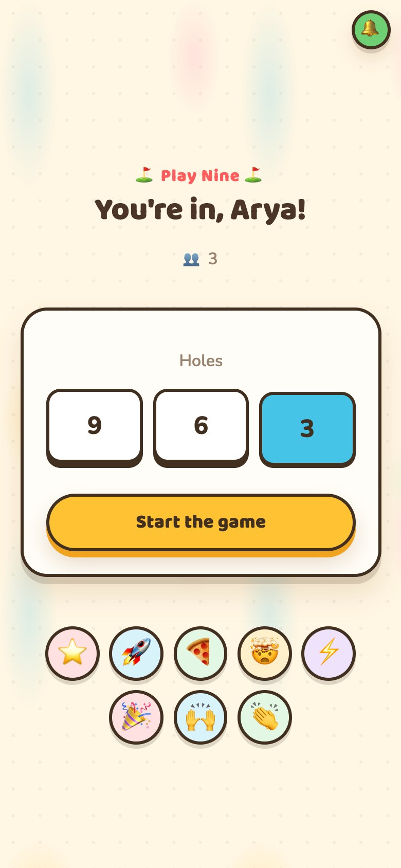 The host's phone in the lobby: buttons for nine, six and three holes with three selected, and a Start the game button