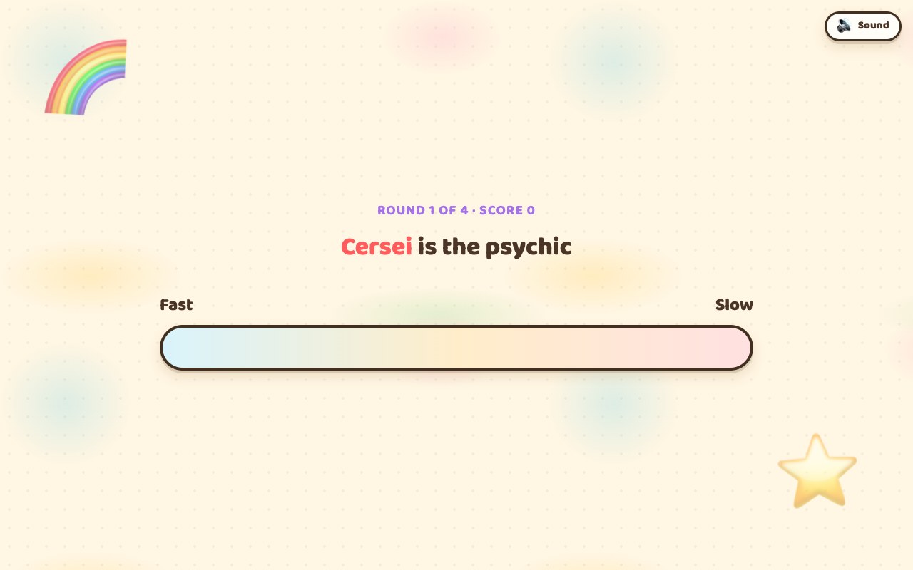 The Wavelength TV while the psychic thinks: the spectrum from one label to the other with no target marked, and a line naming the psychic