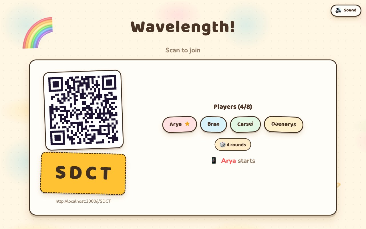 The Wavelength lobby on a TV: a QR code, the room code, and four joined players each with a coloured chip