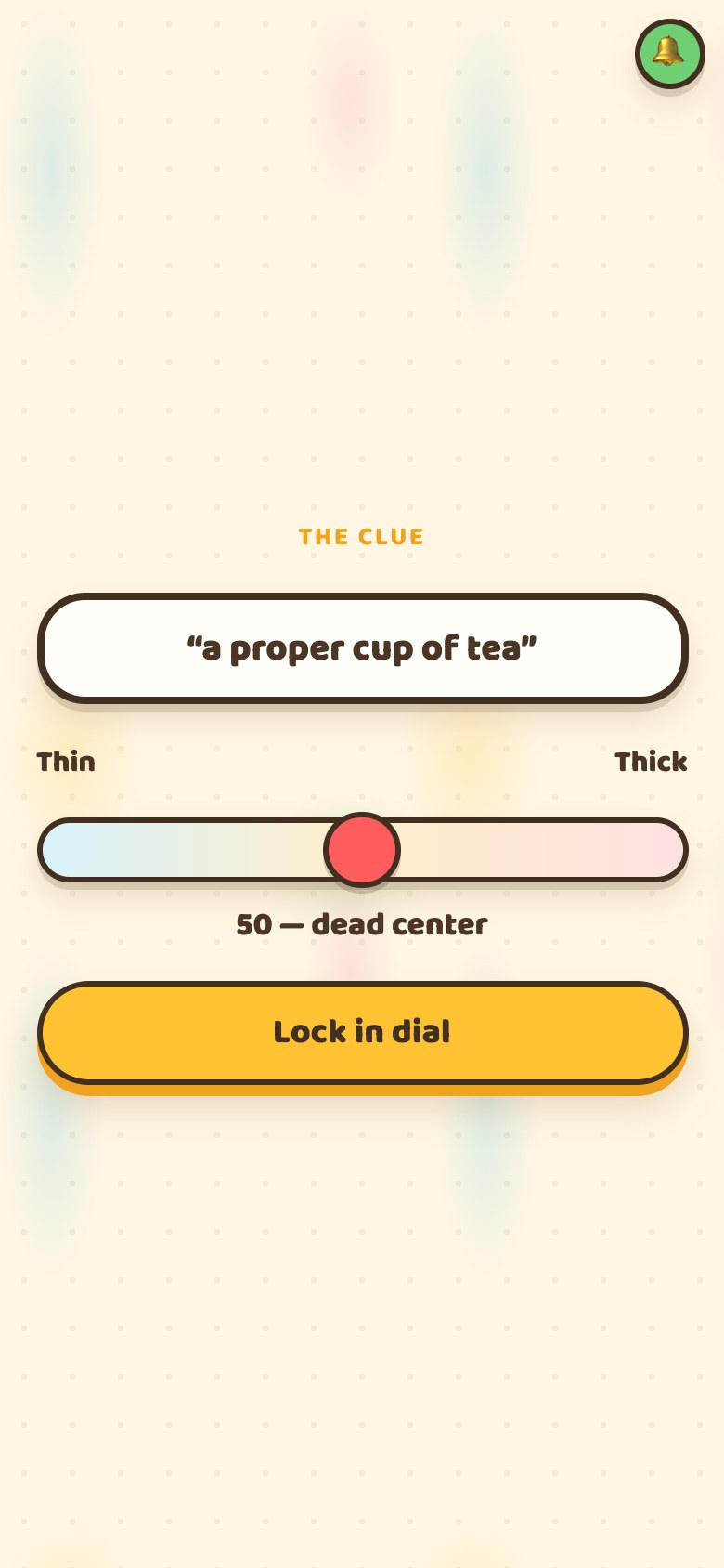 A phone showing the clue, a slider across the spectrum with the two end labels, and a Lock in dial button
