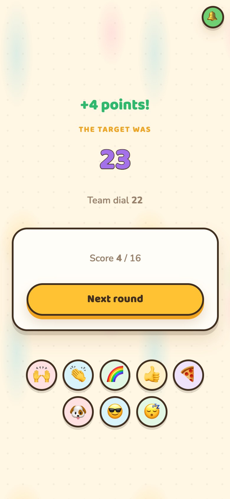 A phone after a reveal: the points scored, the target number, and where the team dial landed