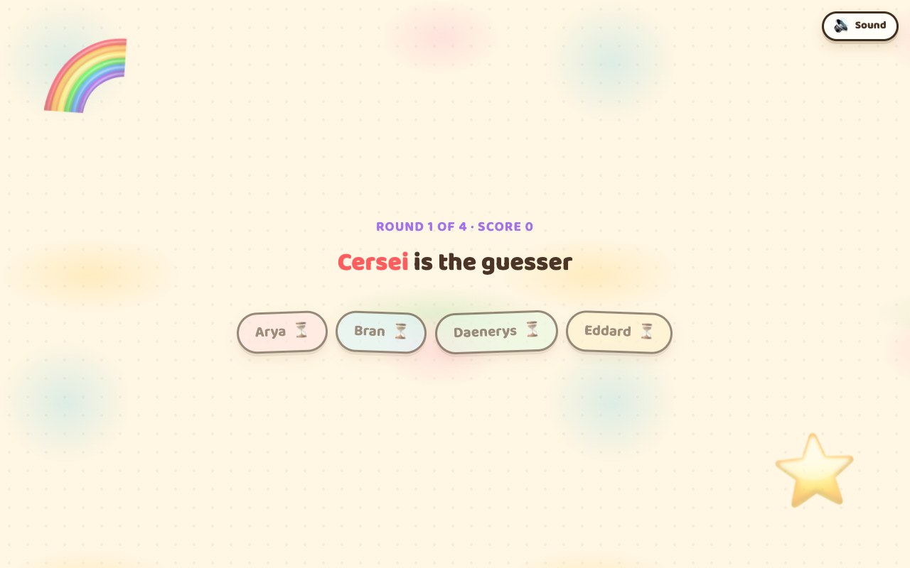 The Wordsmiths TV during clue giving: the round number, the line naming Cersei as the guesser, four name chips with hourglasses, and a count of clues in