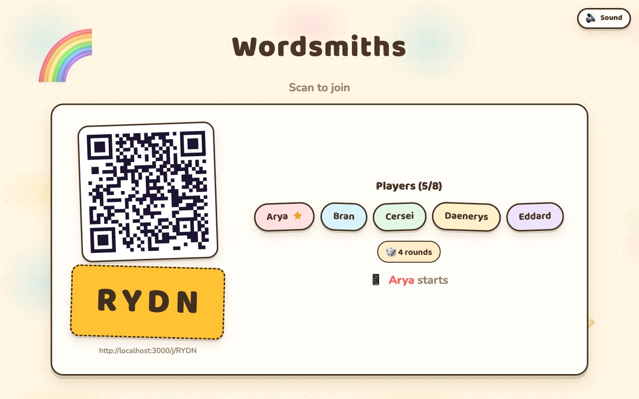 The Wordsmiths lobby on a TV: a QR code, the room code, and five joined players each with a coloured chip