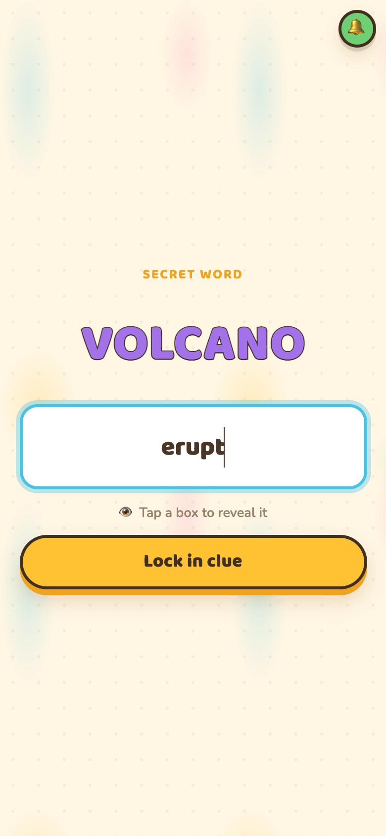A phone showing the secret word Volcano, a clue box with the word erupt typed into it, and a Lock in clue button