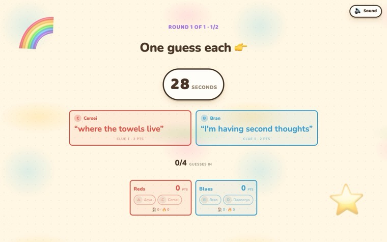 Hunt on the TV: two hiders' clues side by side with a countdown, and the Reds and Blues team scores below.