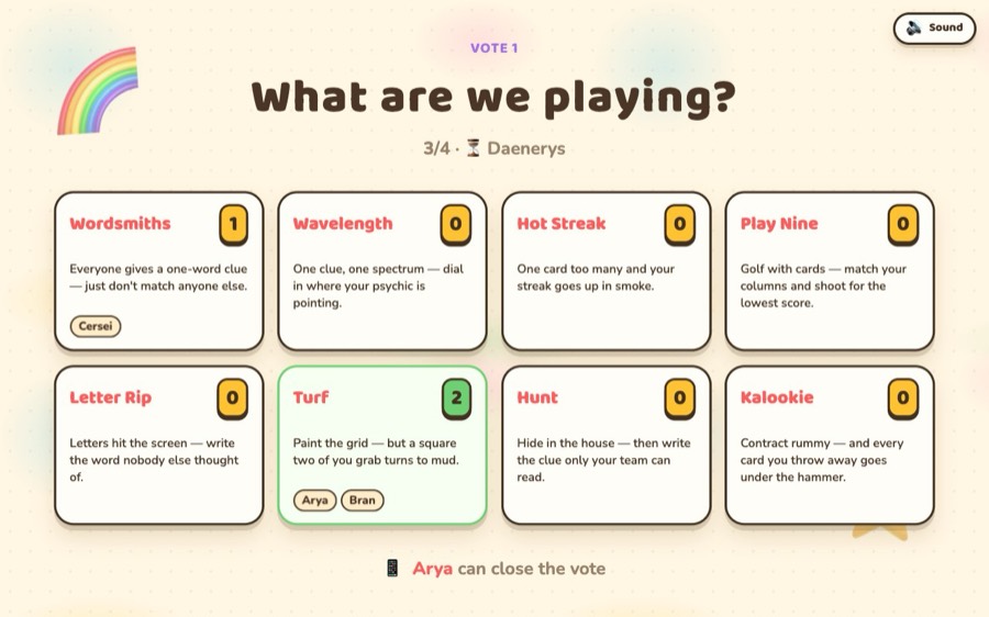 The party ballot on the TV: a card per game with a vote count on each, Turf leading with two votes.